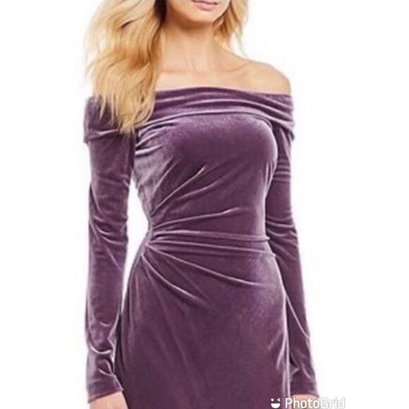 ELIZA J Velvet Off The Shoulder Dress Long Sleeve Short Sheath Purple Size 8 New - Picture 3 of 16